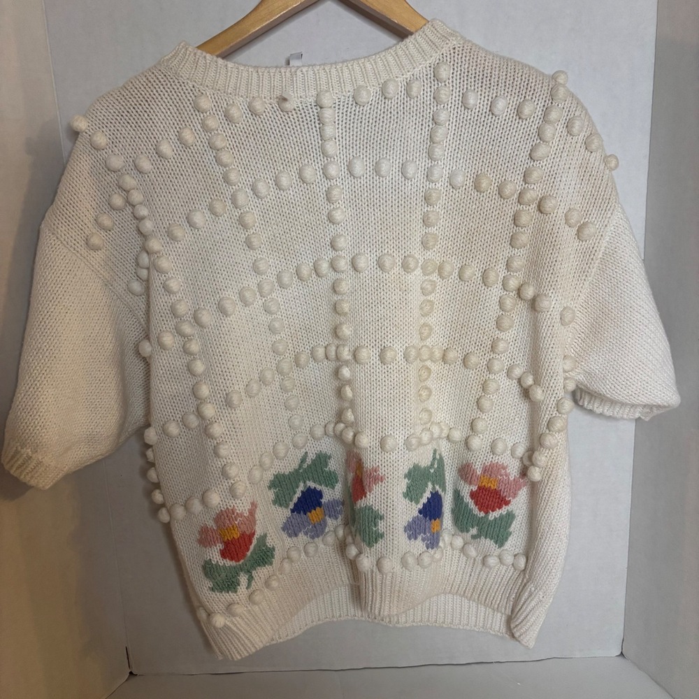 Russ Studio Vintage Popcorn Knit Floral Embroidered Coastal Grandma Sweater L
